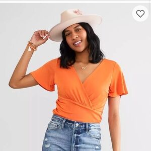 Buckle Orange Flutter Sleeve Wrap Blouse